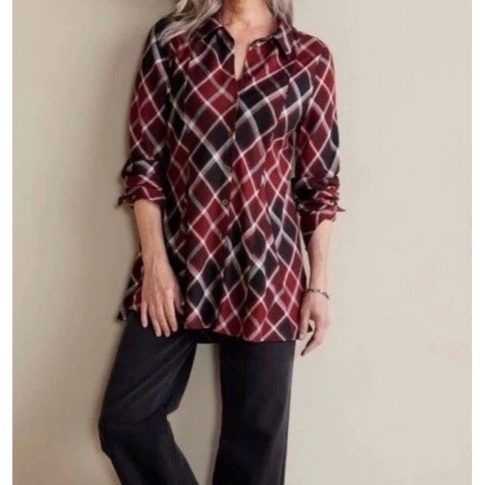 Soft Surroundings Tunic Top Size L Red Black Plaid Long Sleeve Button Down